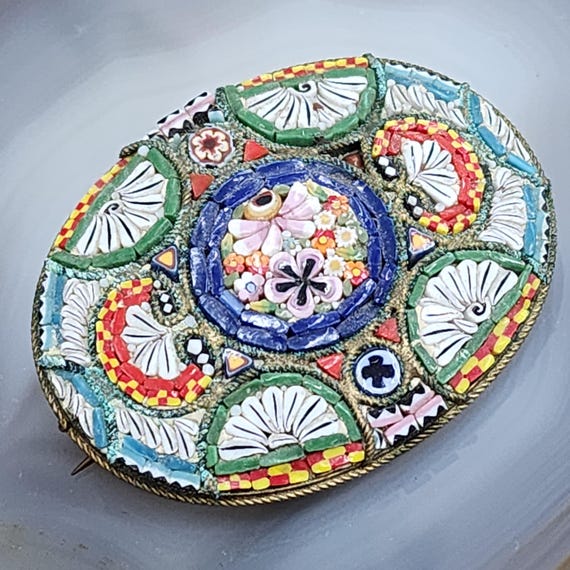 アンティークイタリアマイクロモザイクブローチマイクロモザイク