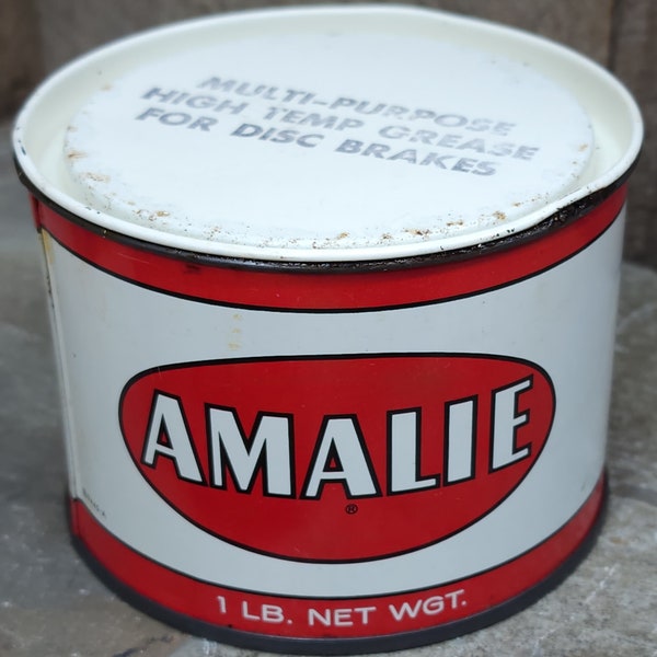 Vintage Amalie Motor Oil One Pound Disc Brakes Grease Advertising Can 1/2 Full