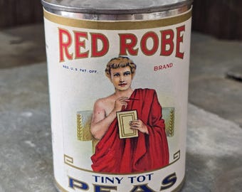Lata de verduras Tiny Tot Peas de la marca Red Robe vintage con etiqueta de papel Haas-Lieber