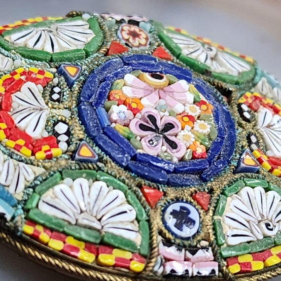 アンティークイタリアマイクロモザイクブローチマイクロモザイク