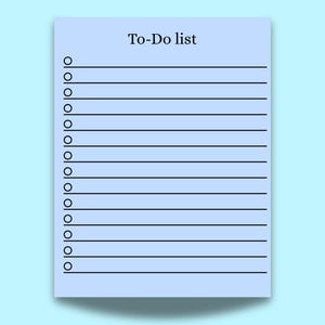 May include: A light blue To-Do list notepad with black lines and circles for checking off tasks. The words "To-Do list" are printed in black at the top of the page. The notepad is set against a light blue background.