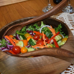 Kashmir handmade large walnut fruit / salad bowl with walnut serving fork and spoon