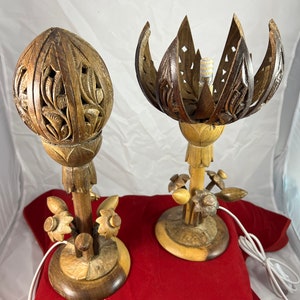 Handmade, hand carved solid walnut lotus flower lamp