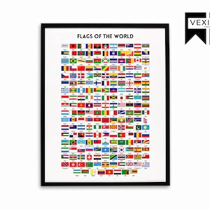 Póster de banderas del mundo, póster de banderas de países, impresión artística de naciones, decoración de geografía, gráfico educativo para el aula de educación en el hogar con banderas del mundo