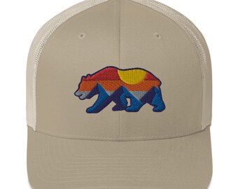 Mountain Sunset - CA Bear Silhouette on Trucker Hat