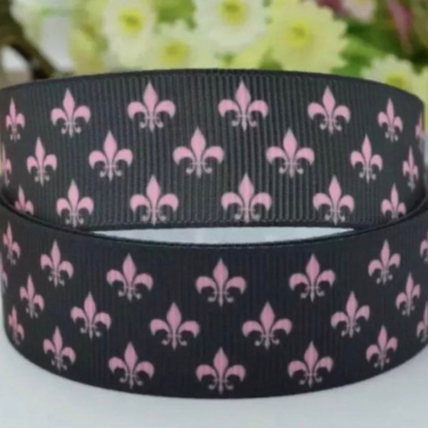 7/8” Pink & Black Fleur De Lis Grosgrain Ribbon by the Yard