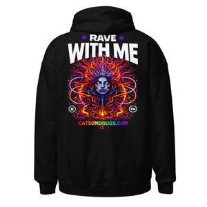 May include: Black hooded sweatshirt with a colourful graphic on the back. The design features an illustration of a woman's face with the text "RAVE WITH ME" and the website address CATSONDRUGS.COM.