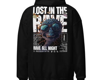 Felpa con cappuccio Lost in the Rave – Felpa techno psichedelica – Outfit EDM Rave psichedelico di CATSONDRUGS.COM