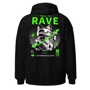 Abbigliamento da festa | Felpa con cappuccio Rave | È ora di delirare | CATSONDRUGS.COM | Felpa con cappuccio Techno | Abbigliamento da rave | Abbigliamento Rave | Moda Rave | Abbigliamento Techno