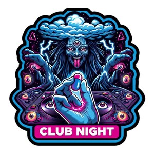 Puede incluir: Una ilustración psicodélica de una criatura de tres ojos con una nube sobre su cabeza, sosteniendo una píldora en su mano. La criatura está de pie frente a una mesa de mezclas de DJ con ojos brillantes y el texto "CLUB NIGHT" en la parte inferior.