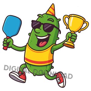 Campeão de Pickleball PNG, Clipart de Vencedor de Torneio, Personagem Engraçado de Pickleball com Troféu, Gráfico de Festa de Pickleball, Clipart de Time de Pickleball