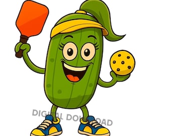 Pickleball PNG, Cartoon Lady Pickle Character, Cute Pickleball Design, Digital Download for POD, Pickleball Clipart, Pickleball Graphic