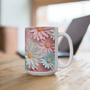 Daisy Flower Mug, 3D Effect Pastel Daisy Flowers on a White Ceramic Mug 15oz, Large Coffee Cup, Pretty Coffee Mug, Tea Cups, Gift for Her