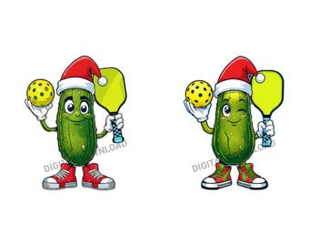 Pickleball PNGs, Holiday Pickle Characters Playing Pickleball Clipart Set, Printable Digital Art for Christmas Projects