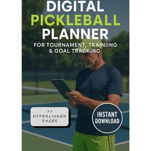 Planificador de Pickleball, calendario y diario digital, planificador con hipervínculos para jugadores de Pickleball, registro de torneos y habilidades de Pickleball.