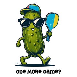 Pickleball PNG, One More Game, Cartoon Pickle Character, Funny Pickleball Design, Digital Design for POD, Printable Pickleball Clipart
