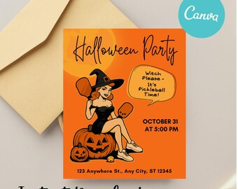 Invitación espeluznante para fiesta de Halloween de Pickleball: Plantilla editable de Canva (13 x 18 cm, descarga digital)