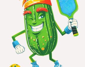 Pickle Playing Pickleball PNG, Funny Pickle Character Clipart, Digital Download, Sublimation Design for Pickleball Projects, Printable Art