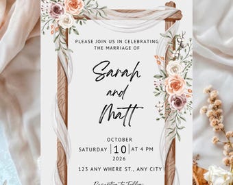 Rustic Floral Arch Wedding Invitation Template | Editable Canva Invite | Dusty Rose Boho Wedding | Instant Download | Digital Template