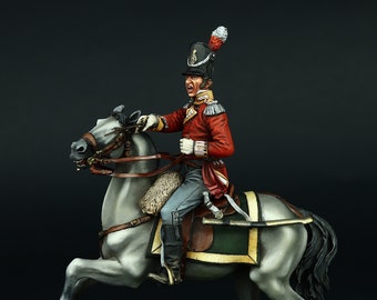May include: A painted miniature figurine of a military officer on horseback. The officer is wearing a red uniform with gold trim and a black hat with a white plume. The horse is gray and is rearing up on its hind legs. The figurine is set on a green grassy base.