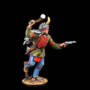 Soldato di latta da collezione che attacca un indiano americano con mazza e pistola 54 mm Nativi americani