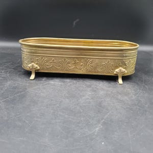 Vintage Brass Planter Cache Pot Oval Footed Floral Embossed Jardiniere