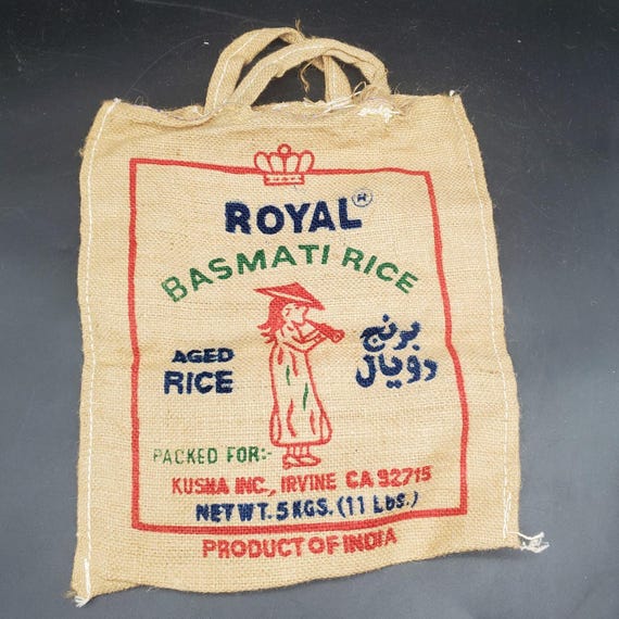 Vintage Royal Basmati Rice Burlap Sack Bag India Graphic Textile