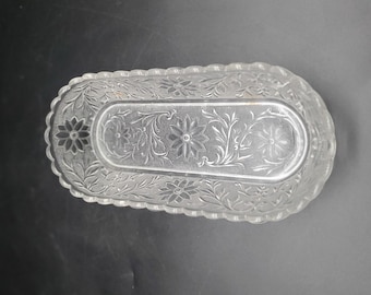 Vintage persglas relish schaal ovaal bloemmotief helder dienblad