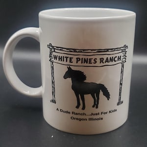 Vintage White Pines Ranch Mug: Black Horse Graphic, Illinois Souvenir