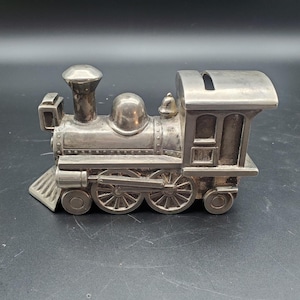 Vintage Pewter Train Bank Locomotive Coin Bank