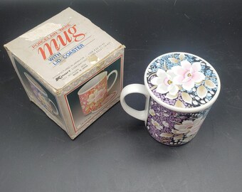 Vintage Japan Porcelain Floral Mug with Lid Coaster Kmart Corp New in Box