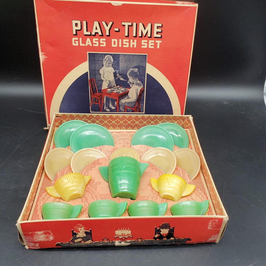 Vintage Akro Agate Play Time Glass Dish Set No 234 Child Tea Set W Box ...