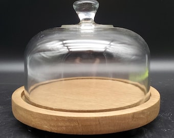 Glass Cloche Dome w Wood Base 8” Cheese Display Cover Kitchen Decor
