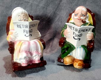Vintage keramische 'Pensioenfonds'-muntenbanken, Japanse beeldjes