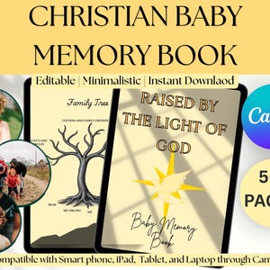 Può includere: Un modello digitale di libro dei ricordi per bambini cristiani con copertina color crema, il testo Raised by the Light of God e un grafico a colomba. Il set include una pagina dell'albero genealogico, oltre 50 pagine ed è modificabile tramite Canva.