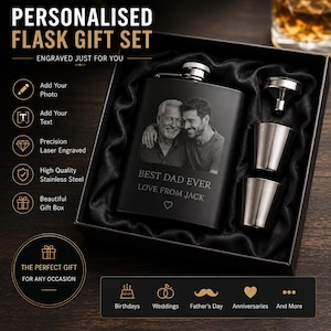 May include: A black stainless steel flask gift set in a black box, including a funnel and two shot cups. The flask features a laser-engraved photo of two men and the text "BEST DAD EVER LOVE FROM JACK" with a heart symbol below the text.