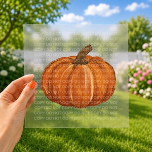 May include: A square, semi-transparent transfer sheet featuring a vibrant orange pumpkin illustration with a dark brown stem. The surface of the sheet is overlaid with a repeating, semi-opaque white text pattern that reads DO NOT COPY.