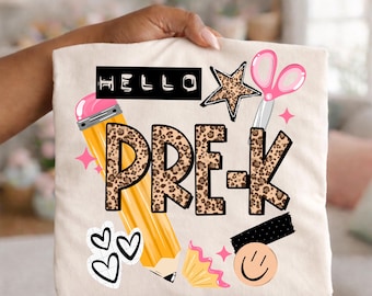 Hello Pre-K Leopard DTF Transfer | Retro Collage Star Scissors Pencil DTF | Back to School Ready to Press
