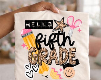 Hello Fifth Grade Leopard DTF Transfer | Retro Collage Star Scissors Pencil DTF | Back to School Ready to Press