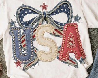 USA Denim Pearl Bow DTF Transfer | Patriotic Faux Embroidery DTF | 4th of July Ready to Press