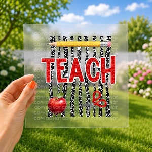 May include: A square transparent sheet featuring the word TEACH in bold red letters. The design includes a yellow pencil, a red apple, and red scissors over a black and white composition notebook pattern. The text COPY DO NOT is repeated.