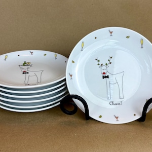 Set of seven (7) vintage 2003 BIA Cordon Bleu Reindeer “Cheers!” Christmas appetizer or dessert plates, 6 1/2”