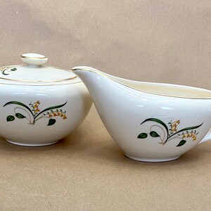 Three piece vintage mid century Forsythia by Edwin Knowles gravy boat and sugar bowl/small covered dish