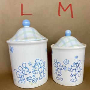 Choice of one (1) Vintage Mickey and Minnie ceramic replacement canister blue and white 9 1/2” large or 8 1/4” medium size