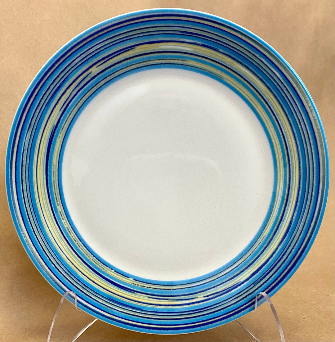 One 1 Pagnossin Blue and Yellow Striped Ironstone Salad Plate, 8 1/4
