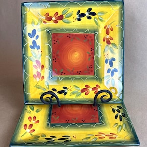 Set of two (2) Tabletops Gallery La Province square dinner plates, hand crafted and hand painted, 10 1/4”