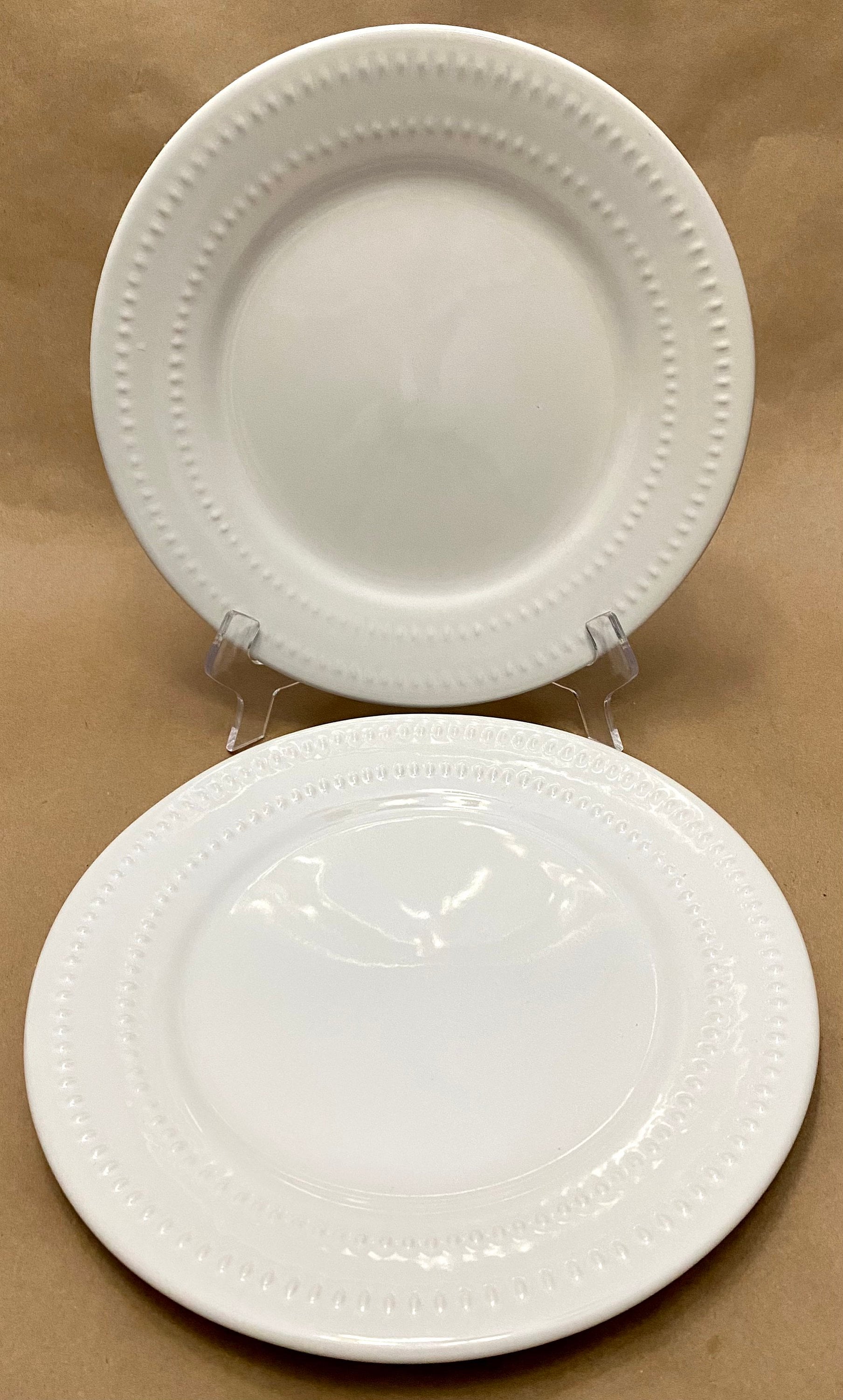Two (2) Royal Norfolk beaded edge white dinner plates, 10 5/8”