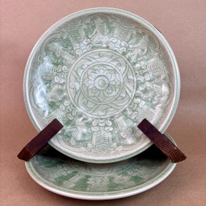 Set of two (2) vintage Thai Celadon salad or dessert plates - “Raised People” figural divinity relief design TLD2, jade green crackle finish