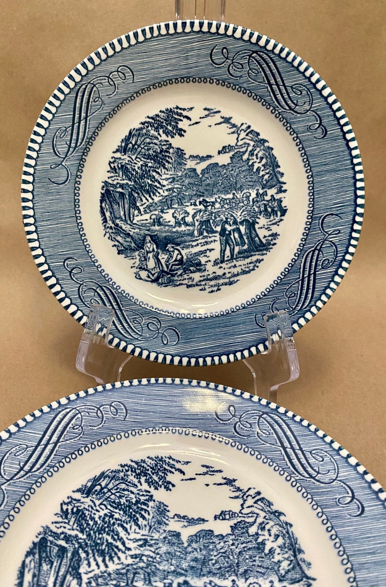 Set of 5 Vintage Currier & Ives Blue and White Bread Plates Etsy
