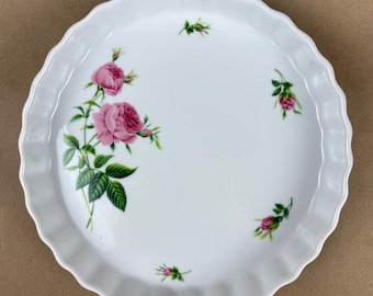 Vintage Christineholm white ceramic quiche or pie dish with pink roses, 9 1/2”